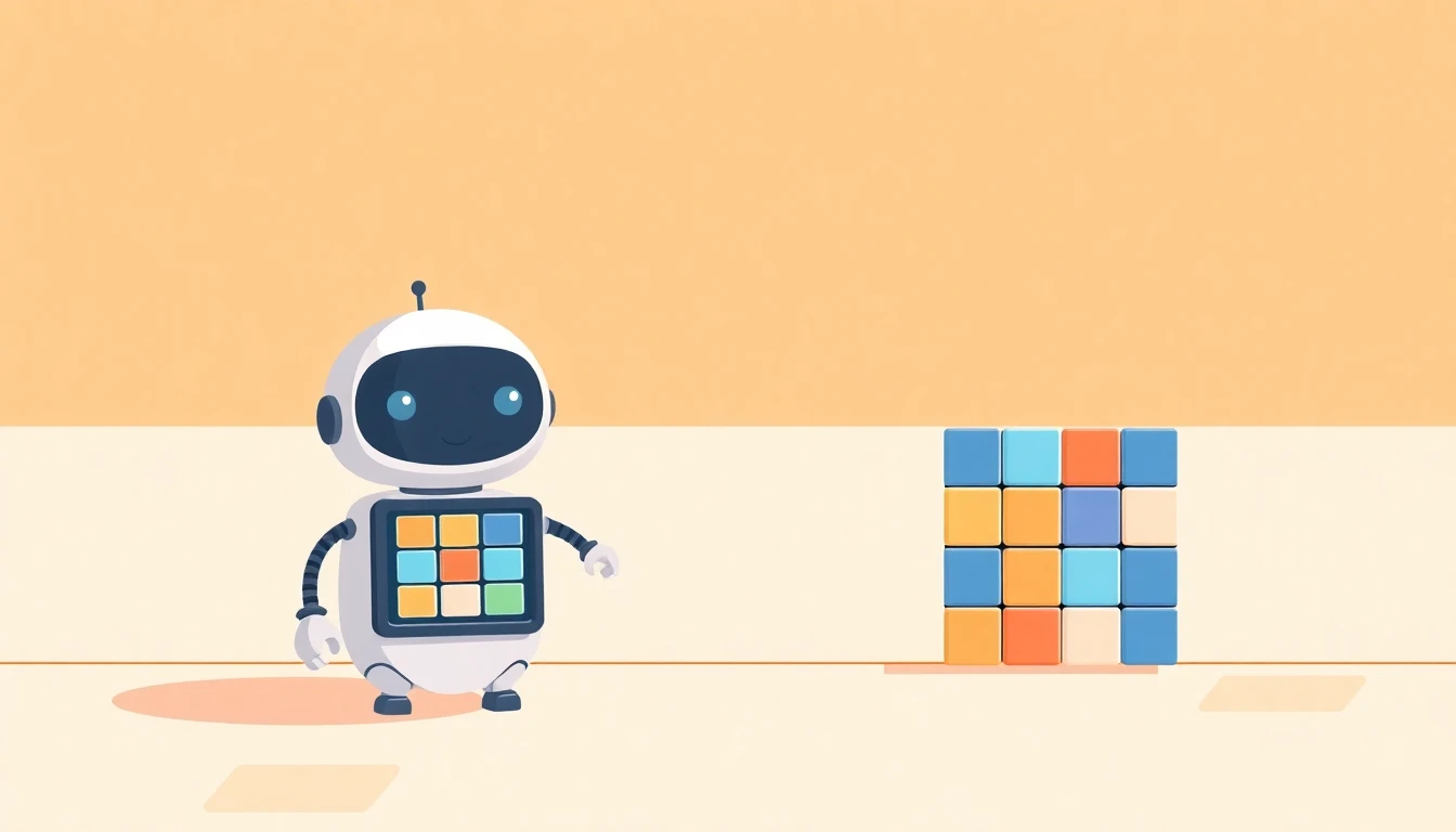 A friendly robot working through colorful puzzle tiles, representing Dordle's two simultaneous boards