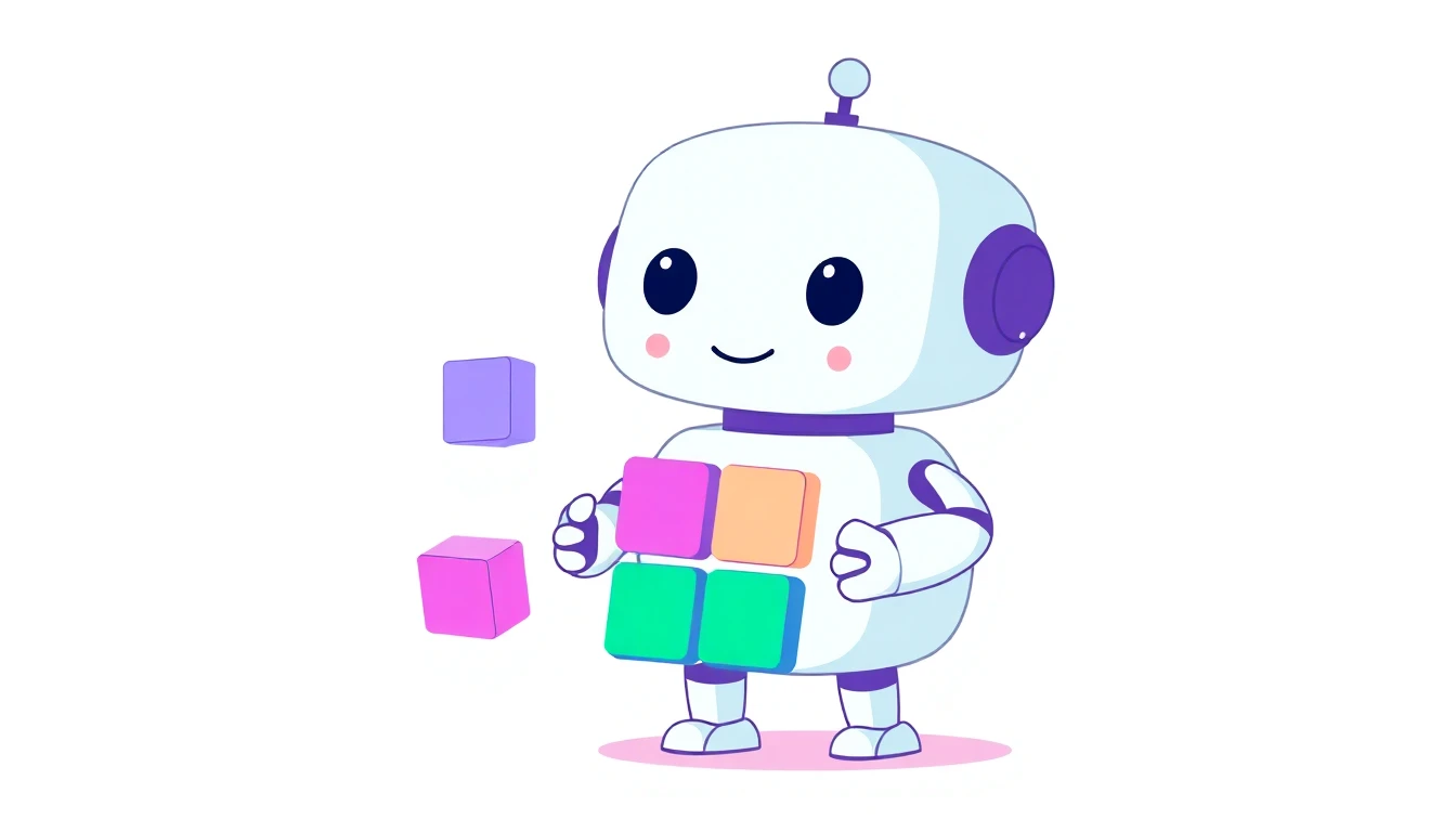 A friendly robot solving four colorful tile grids at once, representing Quordle's four simultaneous boards